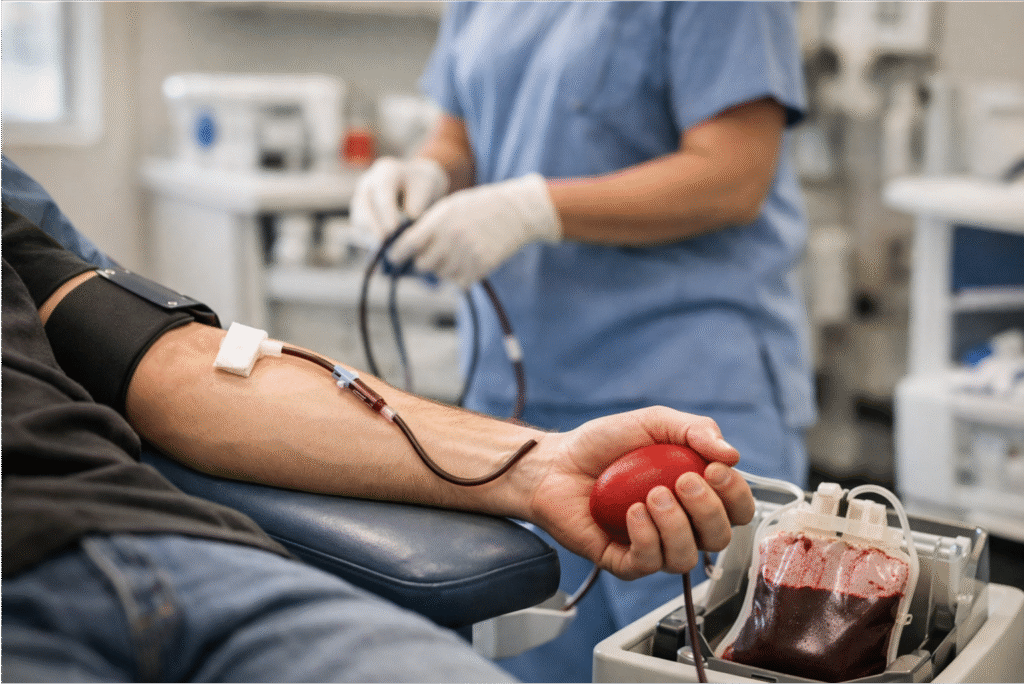 Pessoa realiza doação de sangue em banco de sangue hospitalar durante período de estoque crítico.