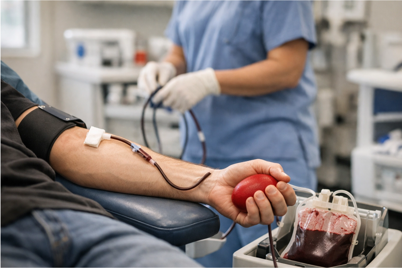 Pessoa realiza doação de sangue em banco de sangue hospitalar durante período de estoque crítico.