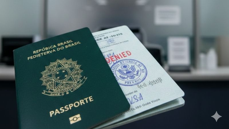 Passaporte brasileiro com bandeira dos Estados Unidos ao fundo ilustra suspensão de emissão de vistos, segundo a FOX News.